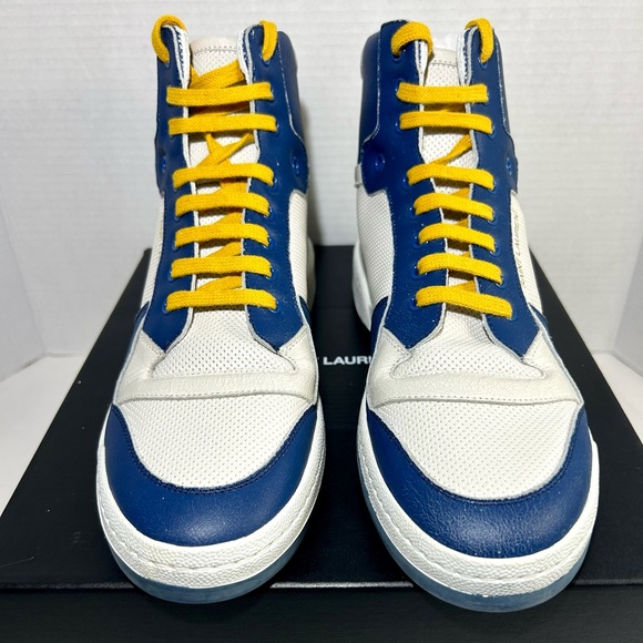 NEW SAINT LAURENT YSL SL/24 LEATHER SNEAKERS MID TOP WHITE BLUE SZ 42 61… - Picture 9 of 16